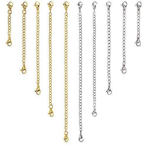 TOAOB 10pcs Rallonge de Chaîne D'extension en Acier Inoxydable Plaqué Argent Doré avec Fermoirs Mousquetons pour Fabrication de Bijoux Collier Bracelet Accessoires Artisanat Cover