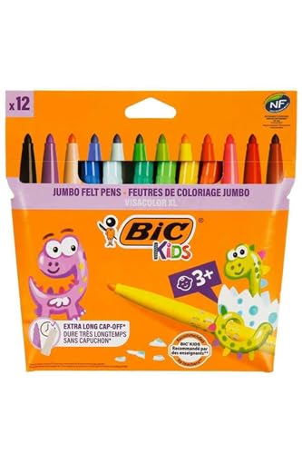 BIC Ecriture Kids Visacolor XL Feutres de Coloriage à Pointe Large - Couleurs Assorties, Etui Carton de 12