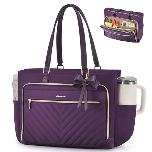 Image of LOVEVOOK 17 Inch Laptop Tote Bag for Women, Work Bag for Teacher with Large Cup Holder,Quilted Nurse Diaper Bag for Travel, Computer Women's handbags for Teacher gift, Purple