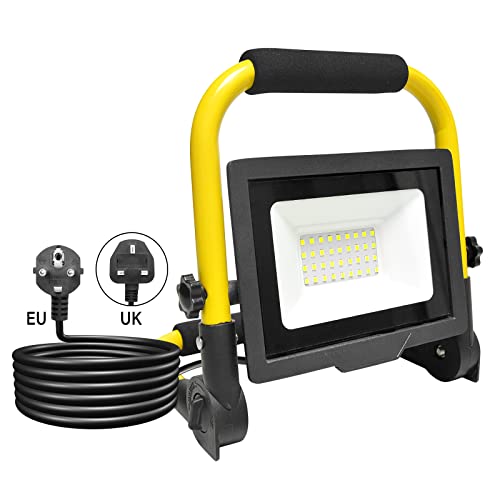 Willpower Led-werkspot, 30 W, 3000 lm, draagbaar, opvouwbaar, led-projector, met stopcontact, waterdicht, IP66, led-reflector voor buiten, werkplaats, garage, 6000 K, wit