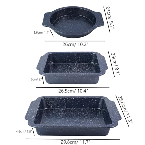 EazyBreezy Set of 3 Non-Stick Baking Tray Set Roasting Pan with Handles Carbon Steel Cake Tin Oven Trays Roasting Tin Oven Safe Up to 220°C - 3 Sizes, Round & Rectangular - Image 4