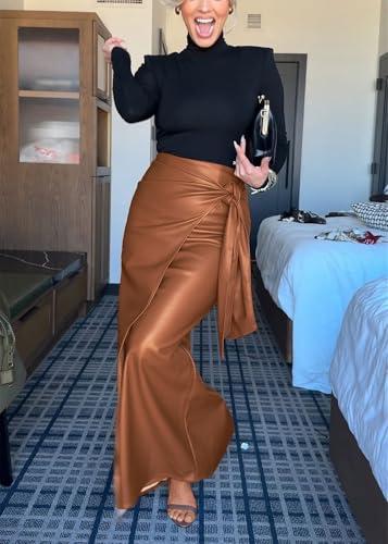 CHARTOU Women\'s Long Faux Leather Skirt Fall Warp High Waisted Zip Up Side Slit Pencil Skirt (X-Large,Brown)