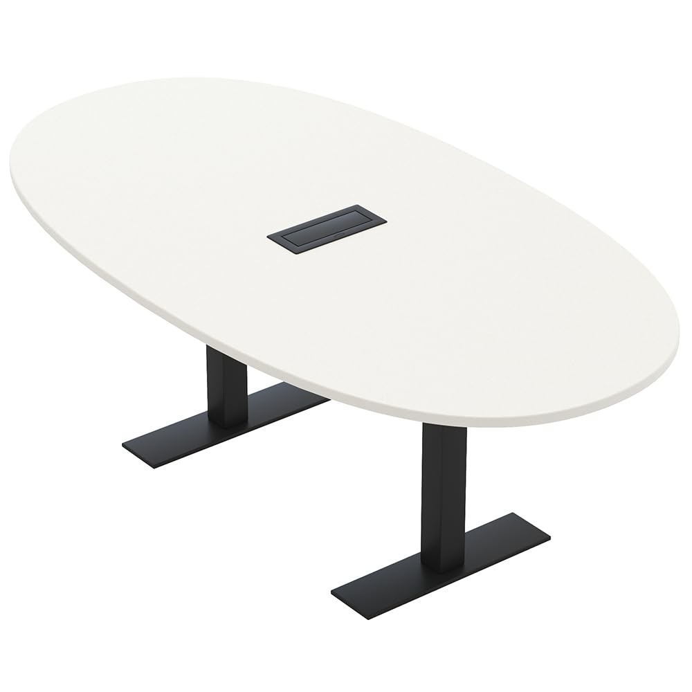 6 Person Oval Boat shaped Conference Table with Power and Data | Matte Black Metal T-Bases | Harmony Series Office Meeting Room Table |