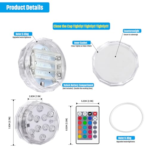 TEPENAR Submersible Led Lights with Remote: Waterproof Pool Lights Underwater Battery Operated Controlled 16 Color Changing Hot Tub Lights for Pool Shower Bathtub Vase Aquarium Decoration 2 Pack - Thumbnail 2
