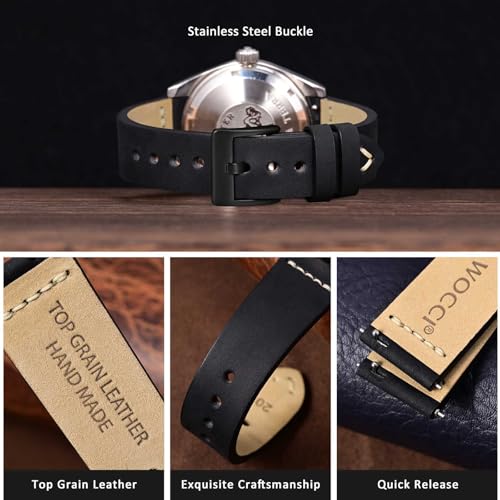 WOCCI 21mm Old-fashioned Watch Band for Men, Top Grain Leather, Black Matte Buckle (Black)