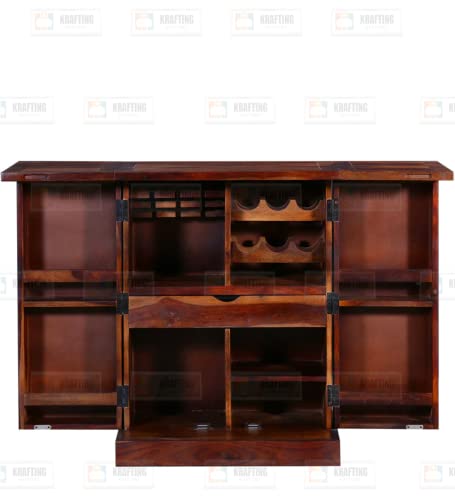 Image of Credenza Solid Sheesham Wood Bar Cabinet for Home - Wooden Bar Unit with Storage & Wine Rack Drawer, Living Room Bar Furniture - Handcrafted Wine Cabinet in Honey Finish, No Assembly Required