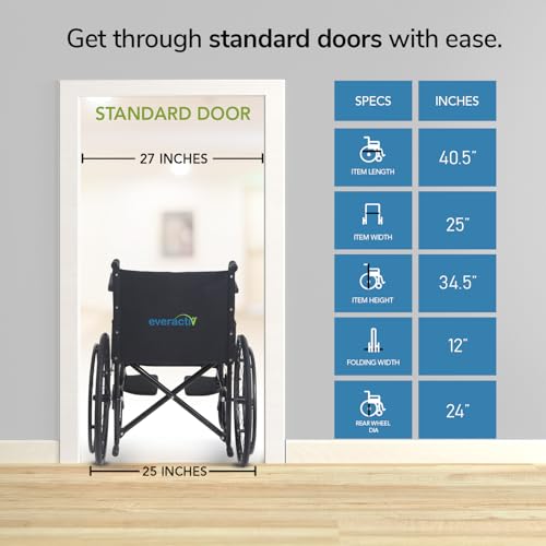 Image of Everactiv Economy Classic with spoke wheel with 1-Year Warranty | Heavy-Duty Frame, Strong Crossbar Support, Safety Seat Belt, Wide Padded Seat, Easy Folding Design, 120 kg Capacity | Wheelchair for Old Age Person | Black