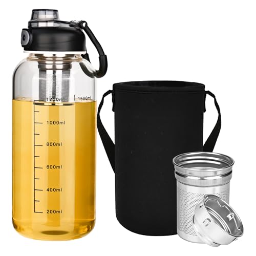 PYserne Trinkflasche Glas mit Teesieb Wiederverwendbar Glasflasche 1.5Liter mit Schutzhülle Wasserflasche Auslaufsicher Glastrinkflasche Glass Water Bottle für Wasser Getränken