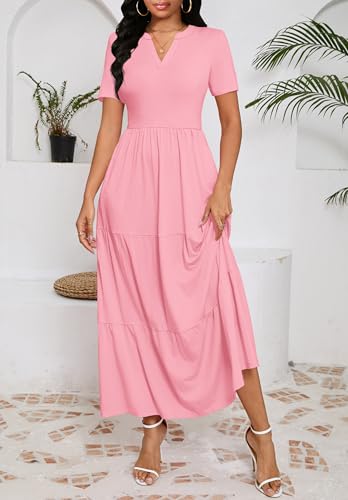 Women 2025 Casual Loose Maxi Dress with Pockets V Neck Short Sleeve Tiered Long Summer Beach Swing Dresses4