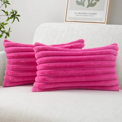 Image of MIULEE Faux Fur Lumbar Throw Pillow Covers 12x20 Set of 2 Hot Pink | Retro Vintage Boho Spring Home Decor Soft Plush Couch Pillows Cozy Fluffy Cushion Covers for Sofa Bed Living Room