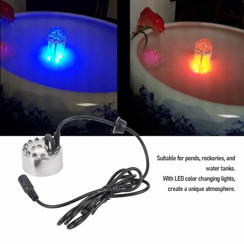 Mumusuki Zinc Alloy Mist Maker Fogger Water Fountain Pond Fog Machine Atomizer Air Humidifier with 12 LED Light Color Change for Rockery Fish Tank Vase Birdbath Decor (US Plug)