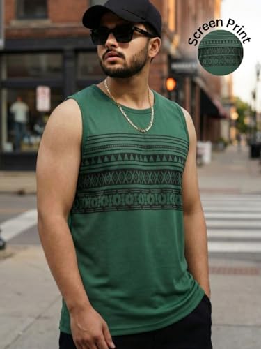 Image of Rigo Men Cotton Printed Vest | Round Neck, Regular Fit Bottle Green