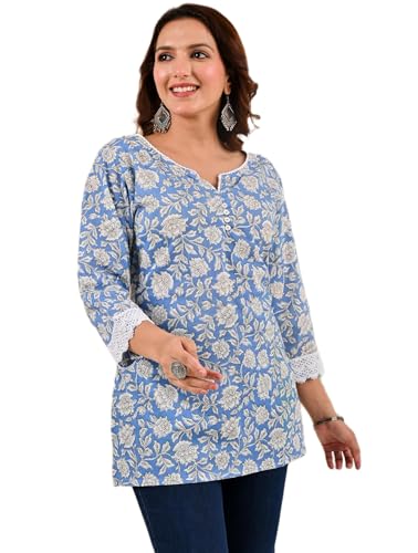 Image of MAHIRA'S Women's Short Kurti, Black Rayon Tunic Top with Embroidered Sleeves, 3 /4 Designer Sleeves