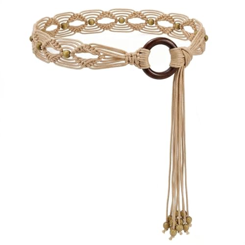 WHIPPY Boho Braided Belt for Women Western Belt With Hand-Woven Wax Rope Country Tassel Belts for Dress 2 Wide Beige