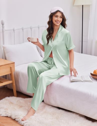 Image of Ekouaer Silk Satin Pajamas for Women Set 2 Piece Short Sleeve Button Up Pjs | Two Side Pockets,Soft Bridesmaid Lounge Set,Bridal Ruffle Sleepwear,Wedding Party,Honeymoon Vacation,Postpartum
