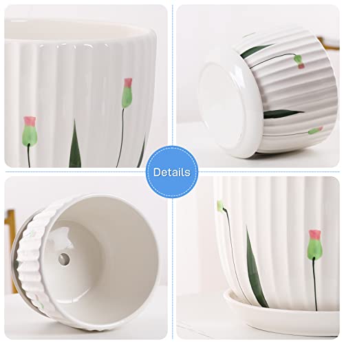 Sin Wings Pink Bud Ceramic Planters For Indoor, Set Of 3 Flower Plant Pot 6.7+5.5+4.1 Inch With Drainage Hole And Saucer #TOP3