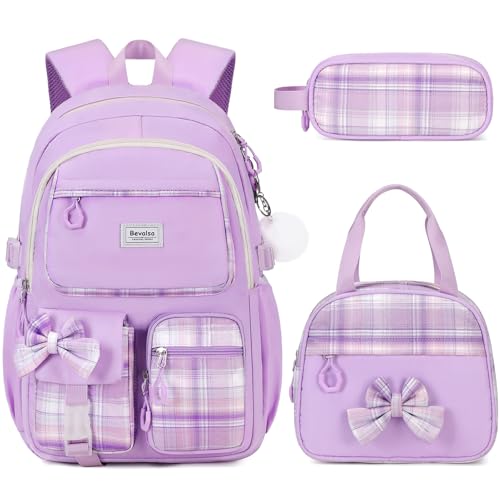 Bevalsa Mochila con lazo a cuadros para niñas con bolsa de almuerzo y estuche para bolígrafos, Púrpura, M, Mochila con lazo a cuadros para niñas con bolsa de almuerzo y estuche para bolígrafos