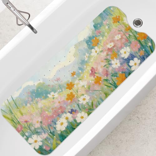 SHUCHING Tappetino Vasca Antiscivolo, Tappetino Doccia Antiscivolo Lungo 100x40cm, Tappeto Vasca da Bagno Antimuffa e Lavabile in Lavatrice, Fiori selvatici