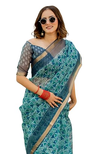Image of MIRCHI FASHION Kota Doria Cotton Saree with Blouse Piece | Leaf Floral Printed Saree for Women | Traditional Ethnic Daily Wear Summer Saree