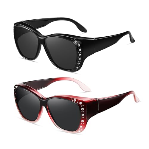 Wzerry Sunglasses Fit Over Glasses for Women, Retro Over Prescription Glasses Polarized UV 400 Protection with Rhinestone