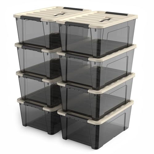 Image of 8 Pack Clear Black Plastic Storage Bins with Khaki Lids, Small Latching Storage Boxs with Handle, Stackable Containers for Organization (5 Quart)