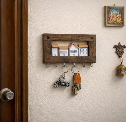 Image of 'Village' Hand Painted Wooden Key Holder for Home Stylish Decor(7hooks) Real Wood. Key Hangers for wall Key Holder Stand Key Stand for wall Keychain Holder for wall