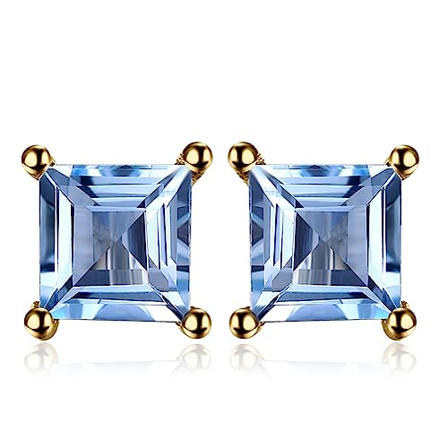 JewelryPalace Square 0.7ct Natural Sky Blue Topaz Stud Earrings for Women Blue Solitaire Natural Gemstone 925 Sterling Silver 14k Yellow Gold Plated Earrings for Women Anniversary Earrings for Her