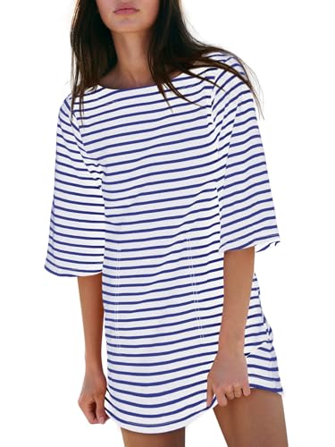 Image of Yousify Women's T Shirt Dress Cotton Summer Dresses 2026 Casual Loose Short Sleeve Striped Mini Dress with Pockets