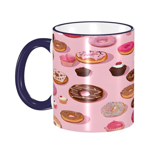 DZBDWZXH Tazas de café de cerámica con mango azul marino de 11 onzas (cupcakes, donas, magdalenas, magdalenas, azúcar), taza de café de restaurante para café, capuchino, té, cacao, cereales