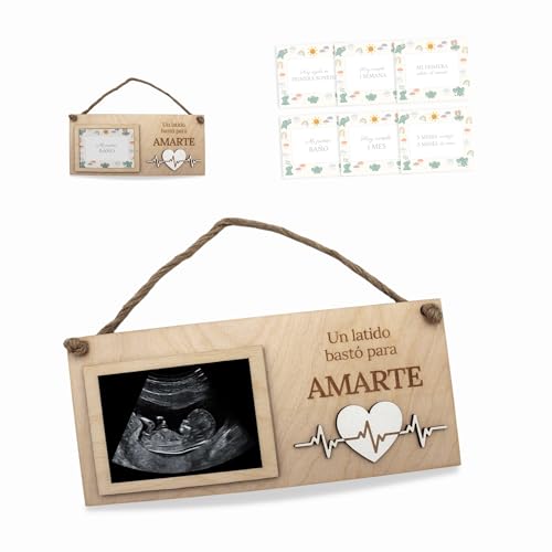 ayurvana Marco Ecografía Bebé Personalizado en Madera – Portafotos con Soporte o Cuerda – 6 Tarjetas de Hitos – Recuerdo Embarazo, Regalo Recién Nacido, Baby Shower o Bautizo – Decoración Infantil