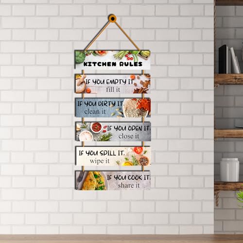 Image of GENXTRA Kitchen Rules Hanging Wall Decor - Funny & Inspirational Wooden Sign for Home, Dining Area & Modern Kitchen Decoration