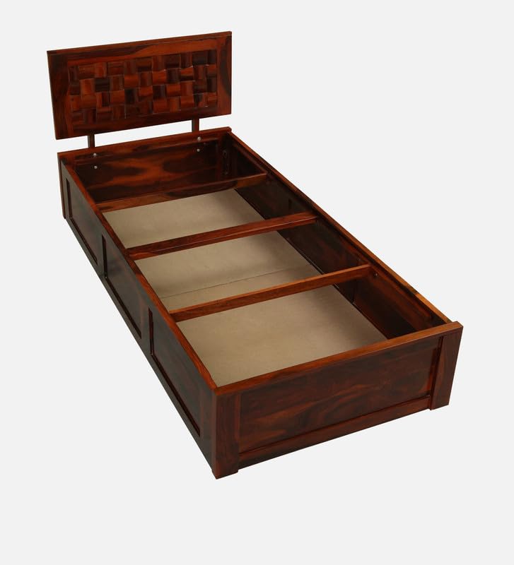 Image of Solid Sheesham Wood Woodora Single Bed with Box Storage | Wooden Single Bed Cot Palang Furniture for Bedroom Living Room Home and Hotel (Honey Oak Finish)