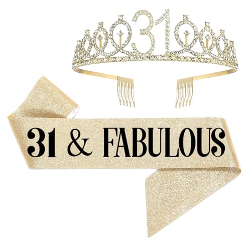 UVATAHONA 31st Birthday Sash and Tiara for Women, 31 & Fabulous Birthday Sash and Crown for Party Favors Supplies and Decorations, Gold