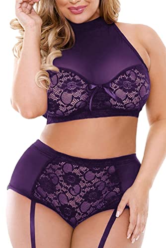 Plus Size Lingerie Set For Women - Sexy See Thru Halter Lace Mesh Crop Bra Top High Waist Panty Suspender Outfit(Purple,3Xl) #TOP13