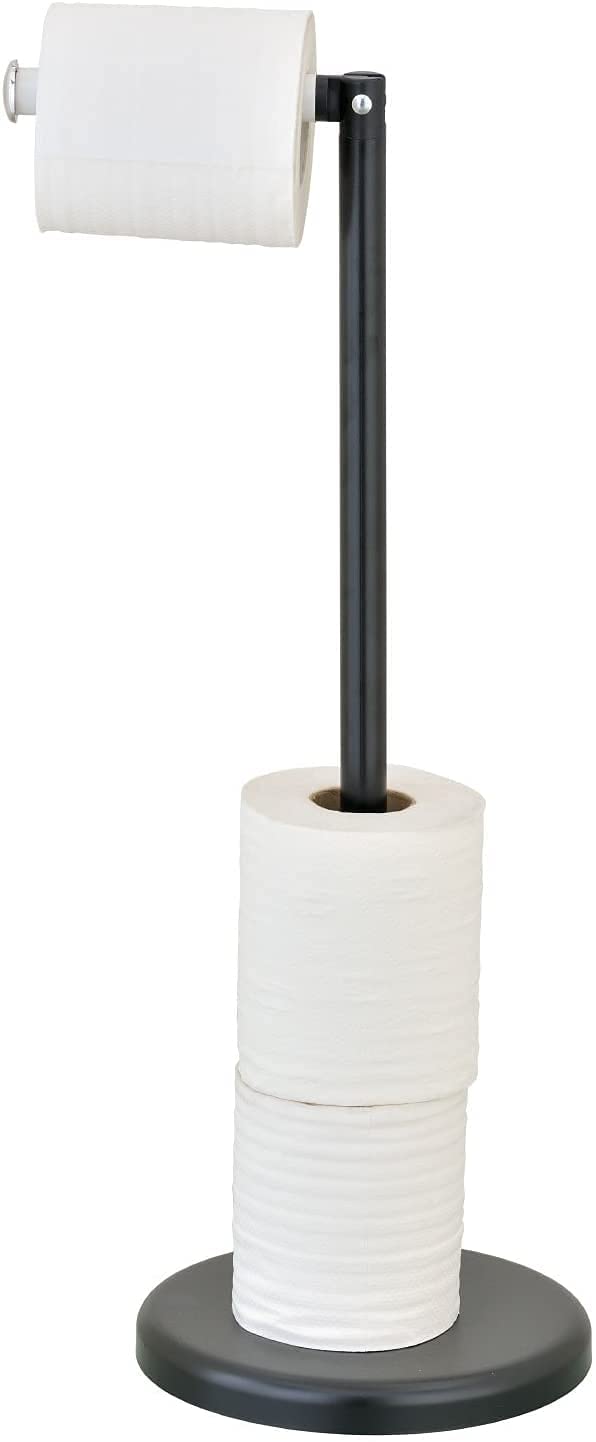 HZ ENTERPRISES 2 in 1 Freestanding Black Toilet Roll Holder Free standing Bathroom WC Paper Tissue Dispenser Floor Stand