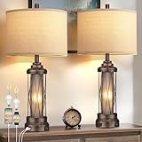 Qimh Farmhouse Table Lamps for Living Room, Rustic Nightstand Lamp for Bedroom with USB A+C Charging Ports, Frosted Glass Bedside Lamp with Night Light for Entryway End Table, 4 Bulbs Included, Bronze