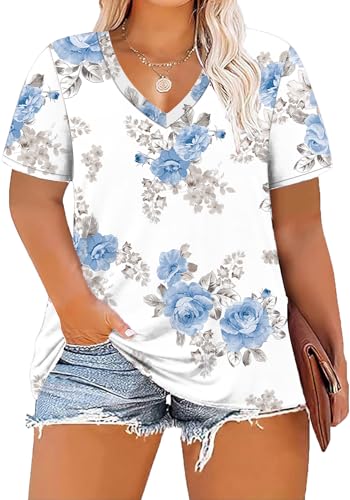 Image of ForHailey Women's Plus Size Short Sleeve Tee Shirt V Neck Basic Ladies Loose Fit T Shirt 1X-5X