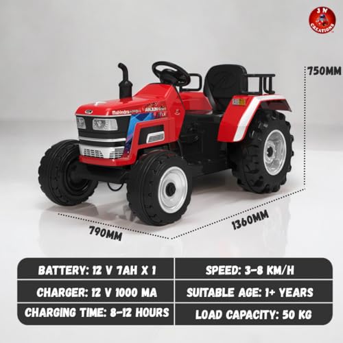 Image of Mahindra Tractor NOVO 12V Electric Ride-On Tractor for Kids | Big Wheeled Farm Tractor with Music, Horn, LED Lights, Suspension, Forward & Reverse | Ages 1-8 Years