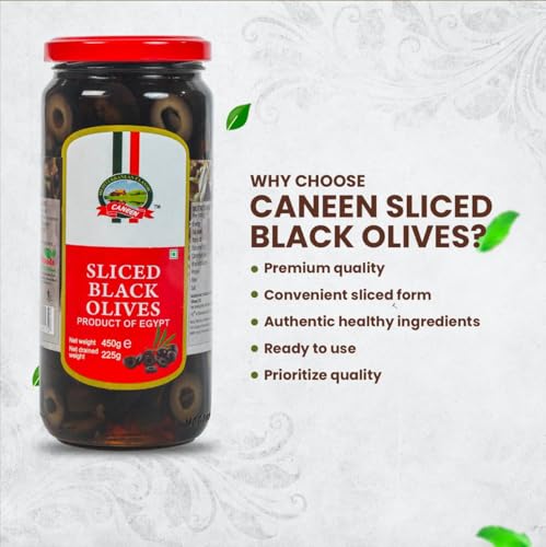 Image of CANEEN Sliced Black Olives - 450 gm (Pack of 1) Perfect for Salads, Pizzas, and Snacks | Fresh and Delicious | Ready to Eat