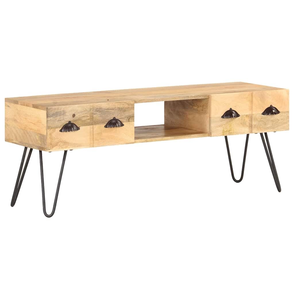 Mobile TV in legno massiccio Mango, 120 x 35 x 45 cm, con 2 cassetti e scomparto aperto, robusto mobile TV per soggiorno e camera da letto, credenza con finitura naturale e