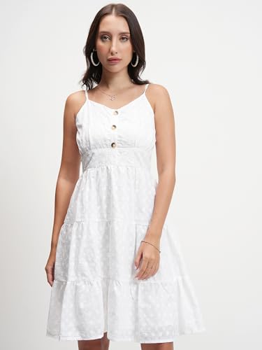 Image of Tokyo Talkies Womens Classic White Solid Flared Short Dress | Shoulder Straps & Front Button Detailing | Dress for Women | Women Dress | Stylish Women Dress