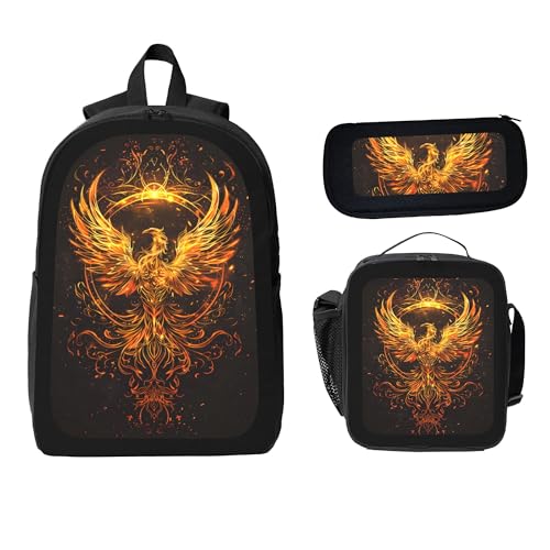 Golden Animal Phoenix Circle Large 3-Piece Backpack Set with Insulated Lunch Box & Pencil Case Waterproof 17 Inches Backpacks Bag Back Packs Pencil Pouch Lunch Bag for Men Women 3 Pcs (Black)2