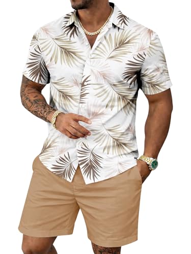 Yoimira Men's Summer Hawaiian Matching Button Down Shirt and Shorts Set Beach 2 Piece Outfits Floral-Cruise-Green Leaf-L
