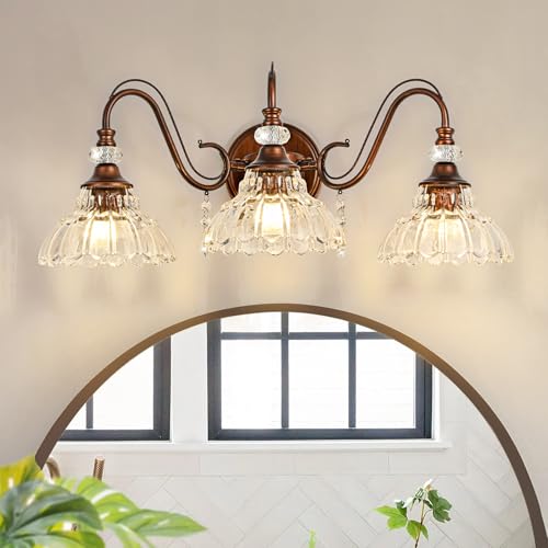 Image of Vintage Bathroom Vanity Light, 3-Light Matte Antique Red Bronze Finish Wall Sconce with Hanging Crystal Accent and Flower-Shaped Clear Glass Shades, Retro Wall Mount Vanity Light Over Mirror