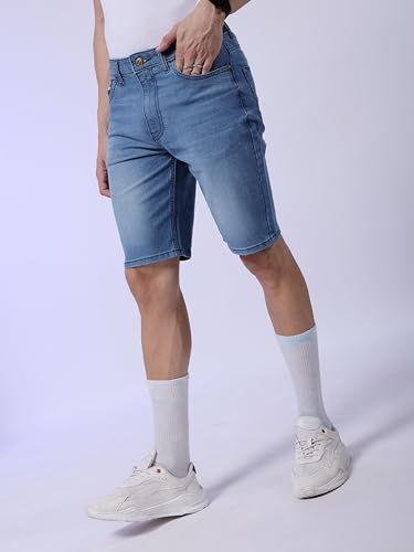 Image of The Indian Garage Co Men Slim Fit Solid Mid-Rise Denim Shorts