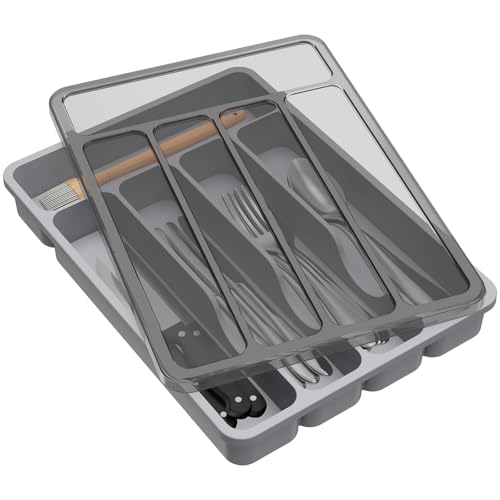 Lifewit Besteckkasten mit Deckel, Besteckaufbewahrung für Küchenschublade und Arbeitsplatte, Besteckkasten aus Kunststoff für Löffel, Gabeln, Messer, Einsatz, 5 Fächer, 23,5 x 32 cm, Grau