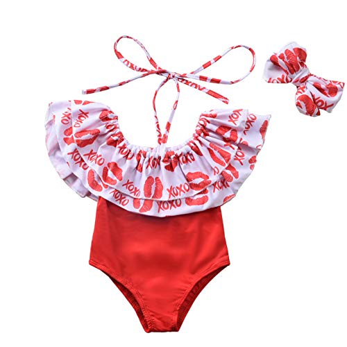 Baby-Girls-One-Piece-Swimsuit-Bathing Suit Open Neck Floral Ruffles Swimwear +Headband 2 Pcs Clothes Set(Red/Lips,6-12M)