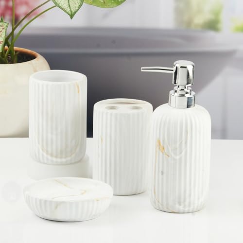Image of SaSaSa Ceramic Bathroom Accessories Set of 4 Modern Bath Set with Soap Dispenser & Toothbrush Holder, Luxury Home & Gift Idea (11426)
