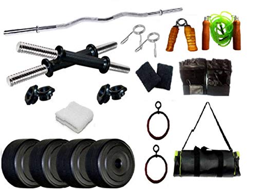 Spiro SPR_3C_DMB_GSWHBRT_22 Home Gym 22Kg. (3 Kg. X 4 = 12 Kg. + 2.5 Kg. X 4 = 10 Kg.) with Skipping Rope, Hand Gripper, Gym Gloves, Wrist Band, Bag, Roman Ring & Gym Towel (Multicolor)