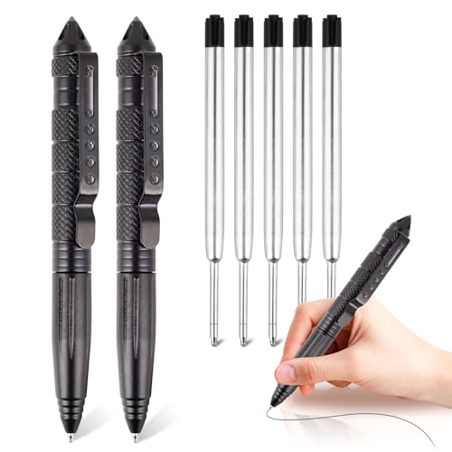 RNHDLY 2 Stück Multitool Tactical Pen, Taktischer Kugelschreiber mit 5 Tinten Nachfüllpackungen, Taktischer Stift für Schreiben, Emergent Tool und Geschenk(Schwarz)